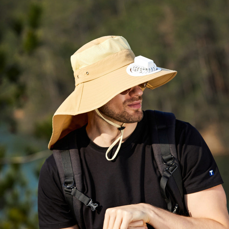 USB Charging Powered Fishing Fan Hat UPF 50+ Wide Brim Fisherman Hat with Adjustable Fan Outdoor Sun Protection Cap