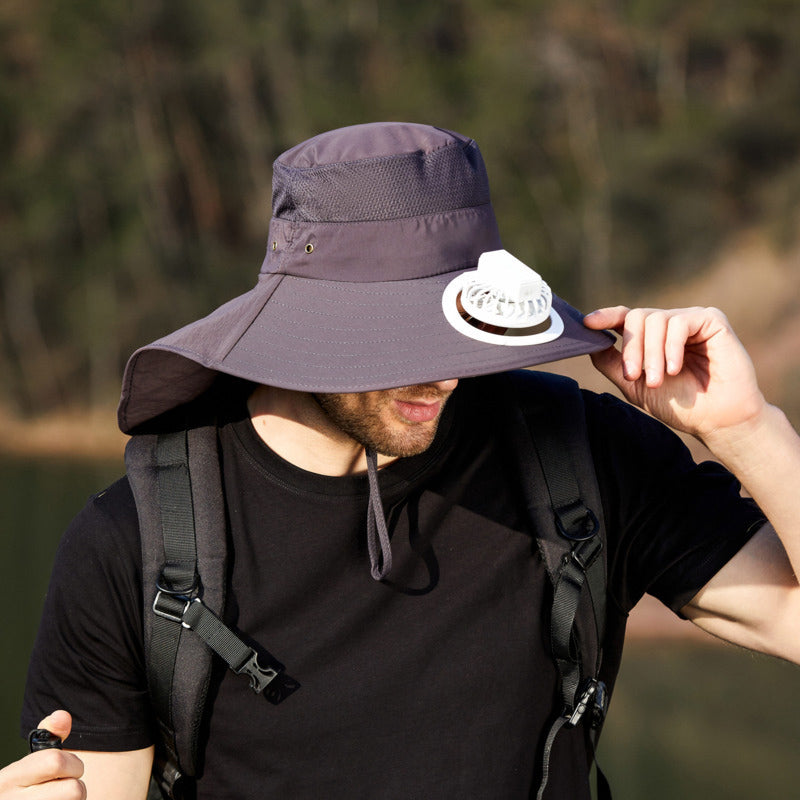 USB Charging Powered Fishing Fan Hat UPF 50+ Wide Brim Fisherman Hat with Adjustable Fan Outdoor Sun Protection Cap