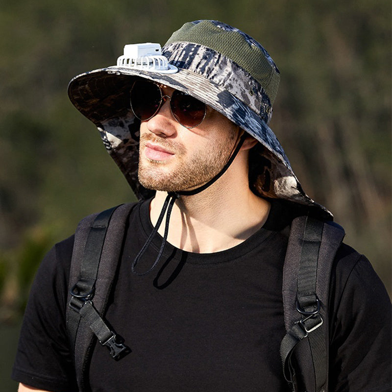USB Charging Powered Fishing Fan Hat UPF 50+ Wide Brim Fisherman Hat with Adjustable Fan Outdoor Sun Protection Cap