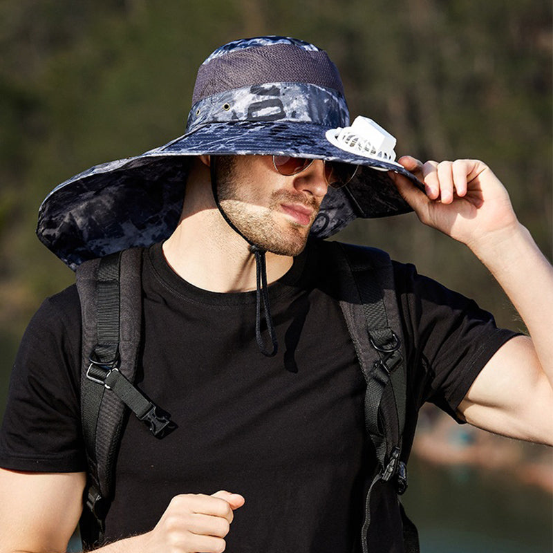 USB Charging Powered Fishing Fan Hat UPF 50+ Wide Brim Fisherman Hat with Adjustable Fan Outdoor Sun Protection Cap