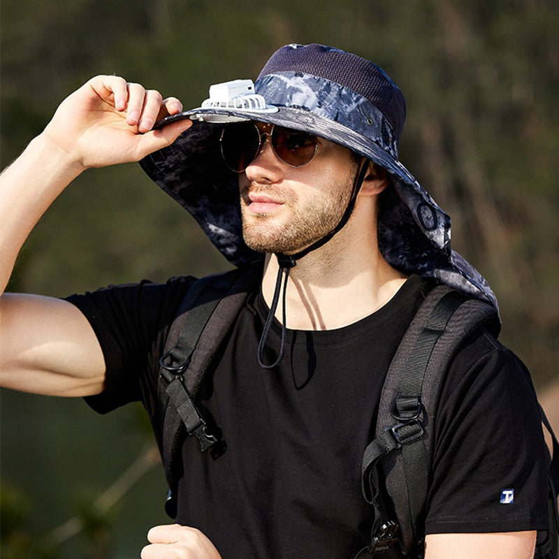 USB Charging Powered Fishing Fan Hat UPF 50+ Wide Brim Fisherman Hat with Adjustable Fan Outdoor Sun Protection Cap