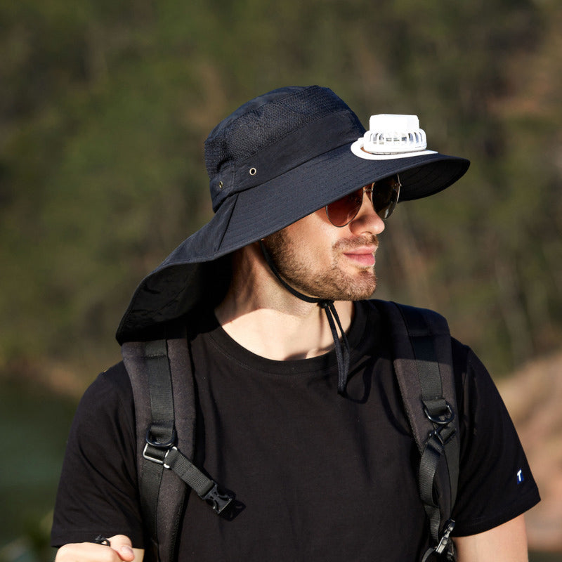 USB Charging Powered Fishing Fan Hat UPF 50+ Wide Brim Fisherman Hat with Adjustable Fan Outdoor Sun Protection Cap