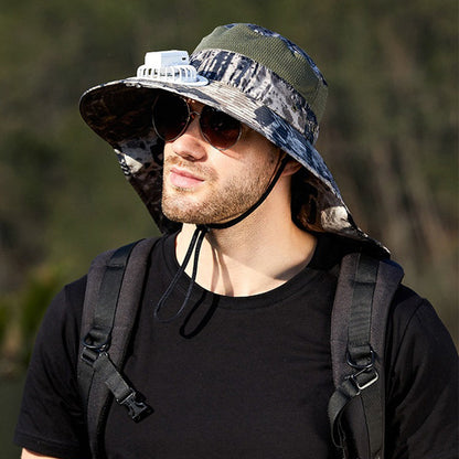 USB Charging Powered Fishing Fan Hat UPF 50+ Wide Brim Fisherman Hat with Adjustable Fan Outdoor Sun Protection Cap